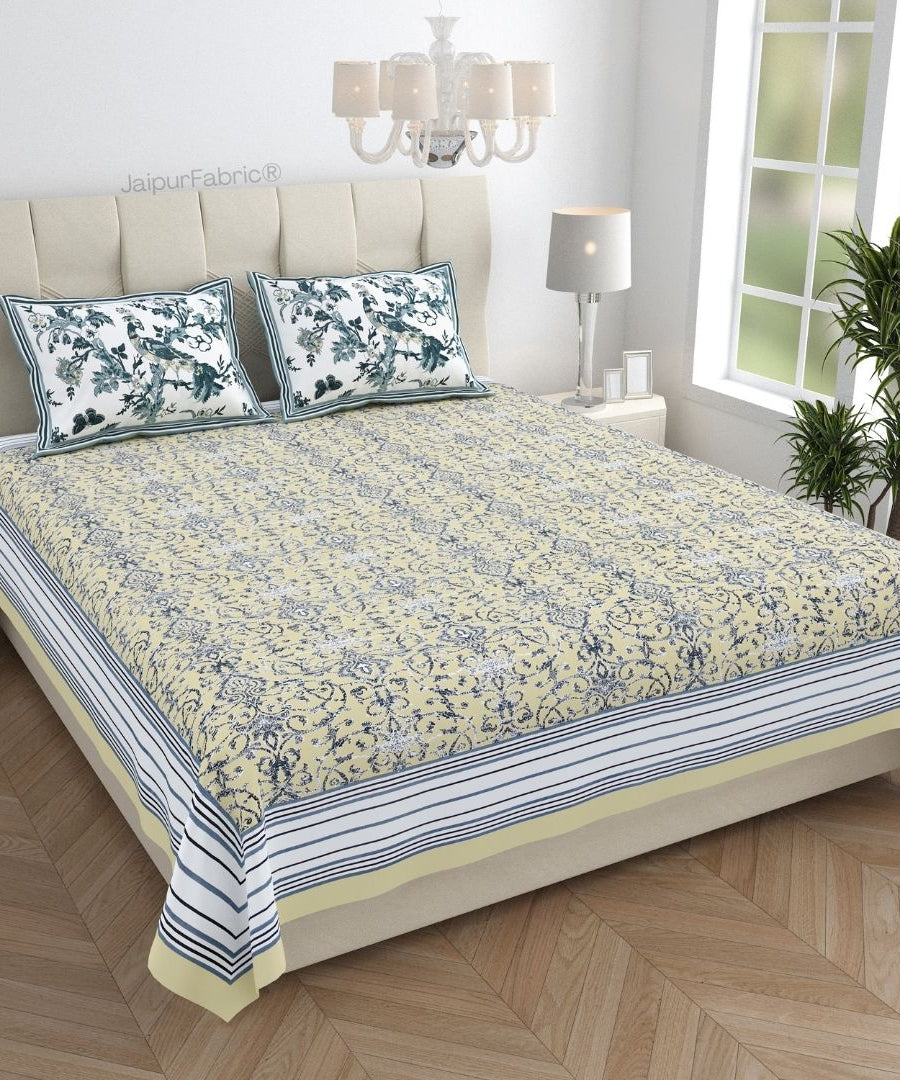 Peacock Park Yellow Pure Cotton King Size Bedsheet