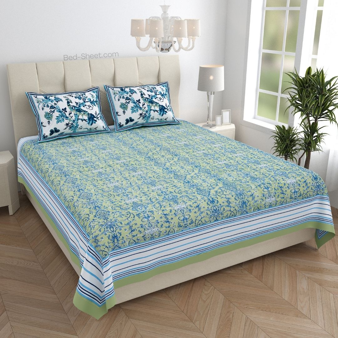 Peacock Park Green Pure Cotton King Size Bedsheet