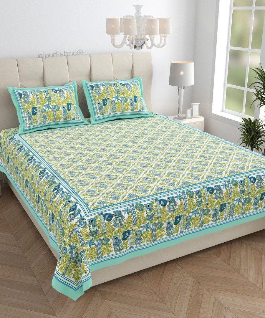 Pattachitra collection seaform green and yellow Double Bedsheet with pillow covers
