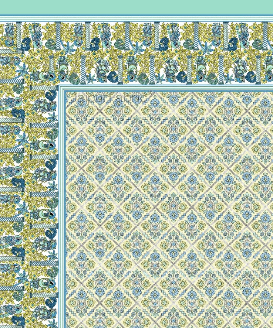 Pattachitra collection Seafoam Green and Yellow Double Bedsheet