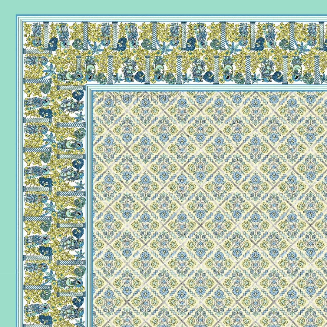 Pattachitra collection Seafoam Green and Yellow Double Bedsheet