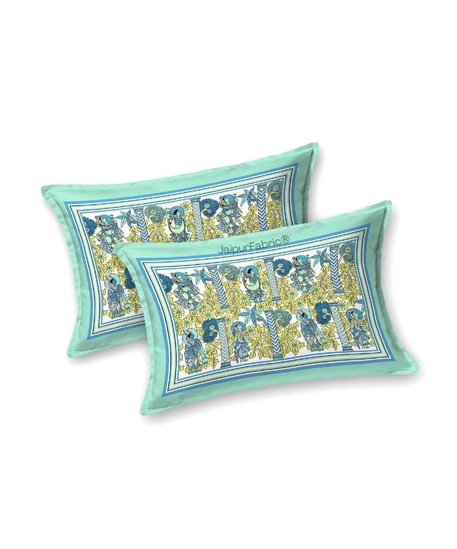 Pattachitra collection Seafoam Green and Yellow Double Bedsheet