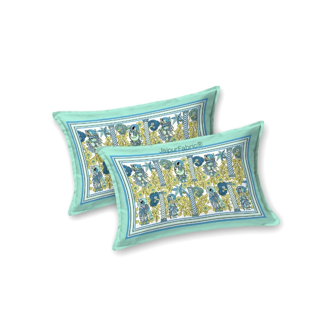 Pattachitra collection Seafoam Green and Yellow Double Bedsheet
