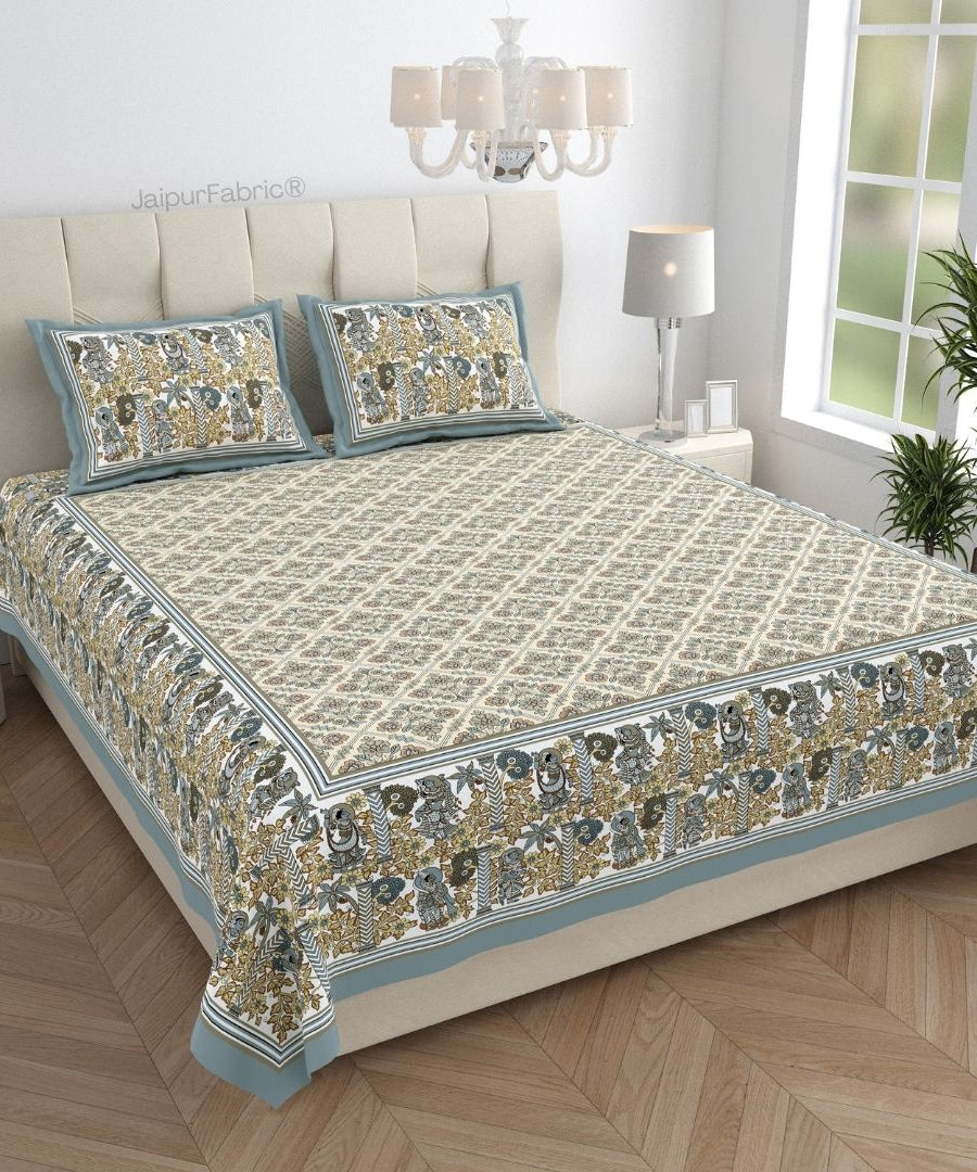 Pattachitra collection grey and golden Double Bedsheet with pillow covers