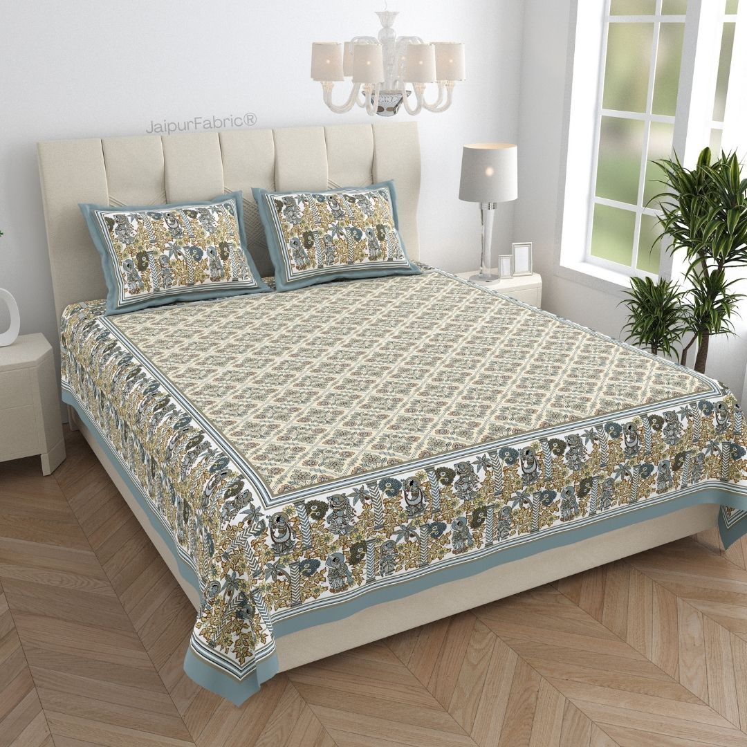 Pattachitra collection grey and golden Double Bedsheet with pillow covers