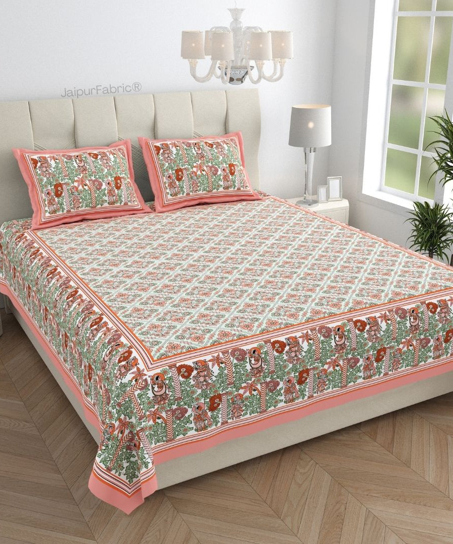 Pattachitra collection peach and green Double Bedsheet with pillow covers