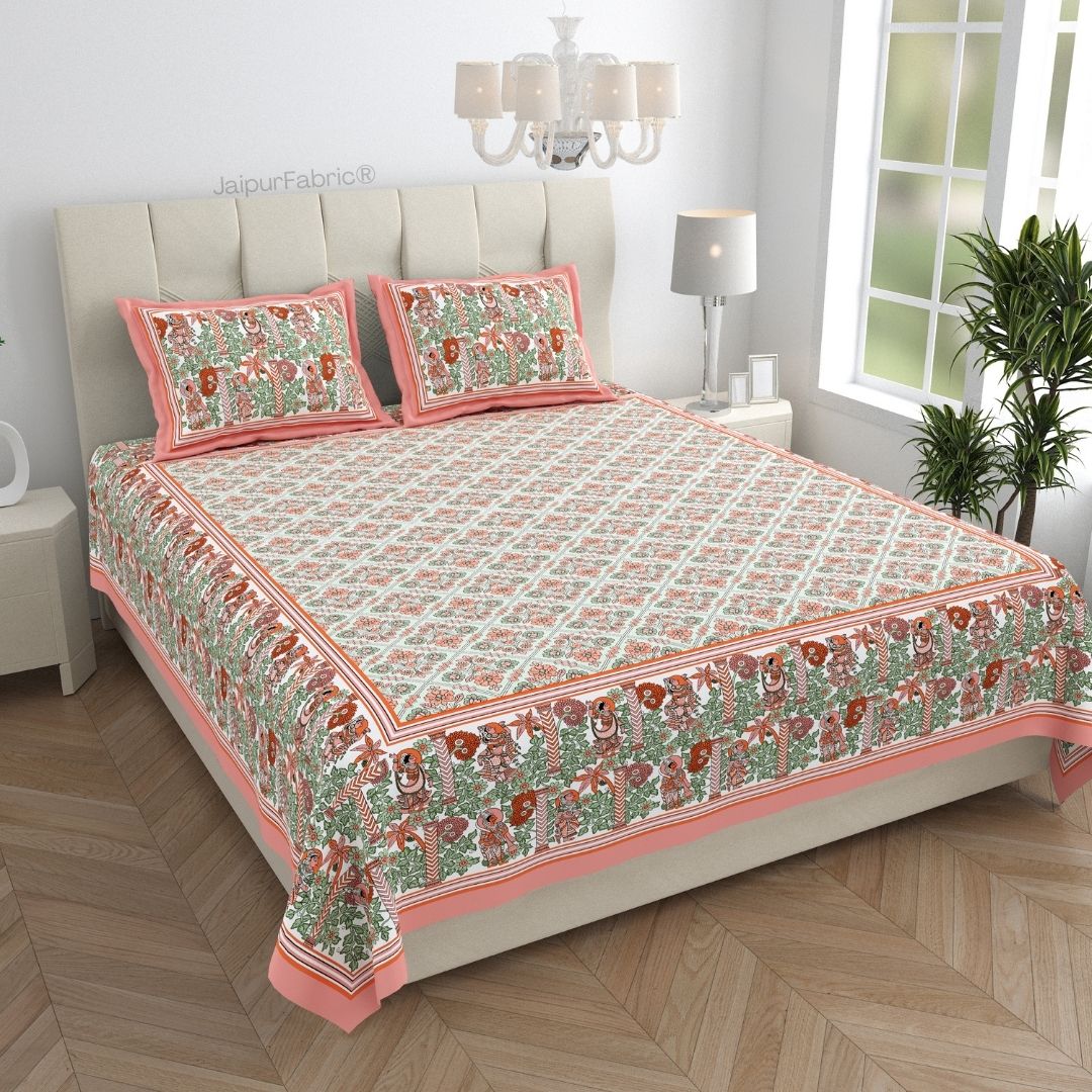 Pattachitra collection peach and green Double Bedsheet with pillow covers