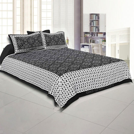 White Bedsheet with Black Border and Printed Design