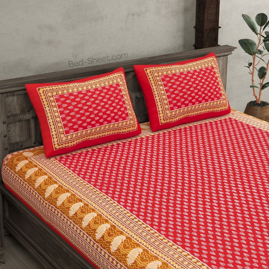 Bordered Crimson Floral Screen Print Double Bedsheet