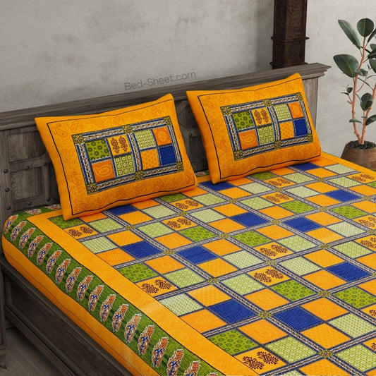 Yellow Border Multi Colour Checkered Super fine Coton Double Bedsheet