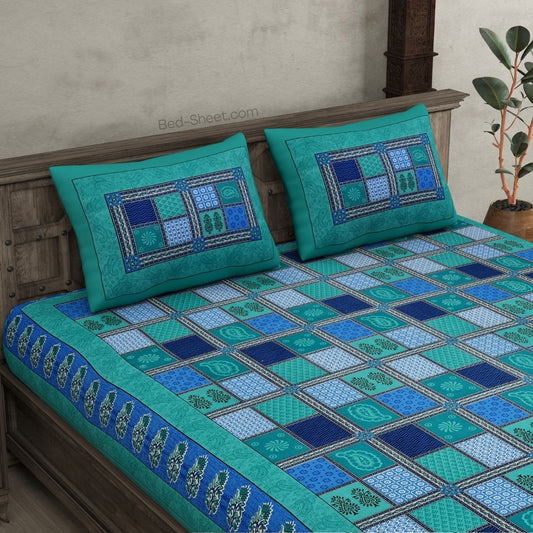 Sea Green  Border Multicolor Checkered Super fine Cotton Double Bedsheet