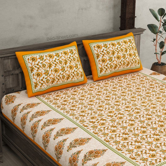 Yellow Border Tropical keri Design Cotton Double Bed Sheet