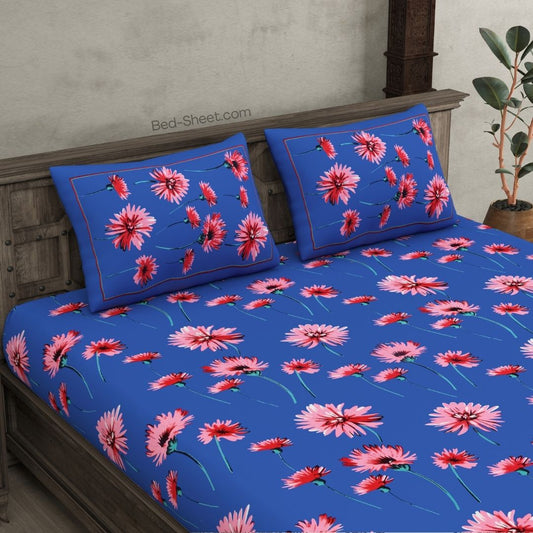 Vibrant Blue Sunflower Design Double Bed Sheet with Two Pillow Covers