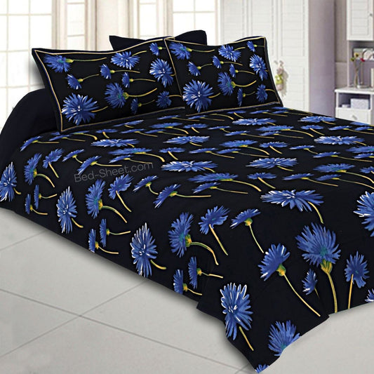 Black Sunflower Print Double Bedsheet with 2 Pillow Covers