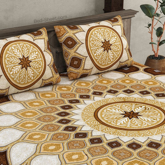 Brown Cotton Double Bedsheet with Sacred Shells Print