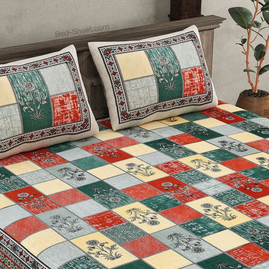 Red Cotton Double Bedsheet with Decorative Square Pattern