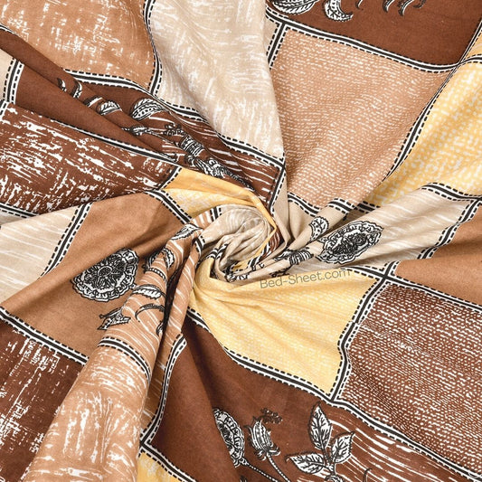 Brown Cotton Double Bedsheet with Decorative Square Print