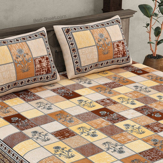 Brown Cotton Double Bedsheet with Decorative Square Print