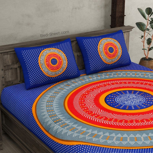 Traditional Bandhej Printed Blue Double Bed Sheet