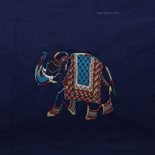 Handmade Blue Elephant Embroidery Patchwork Jaipuri Bedsheet