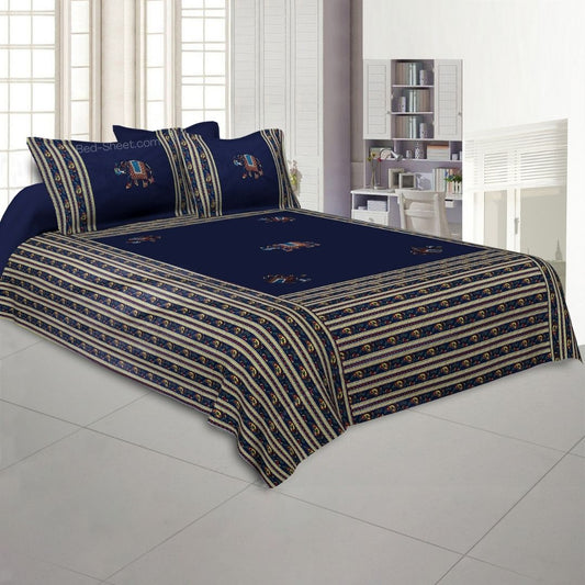 Handmade Blue Elephant Embroidery Patchwork Jaipuri Bedsheet