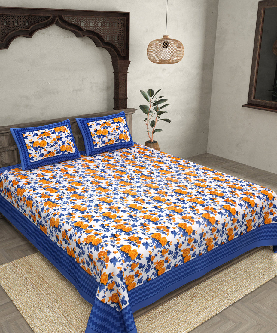 Blue Wavy Border and Floral Print Cotton Double Bed Sheet