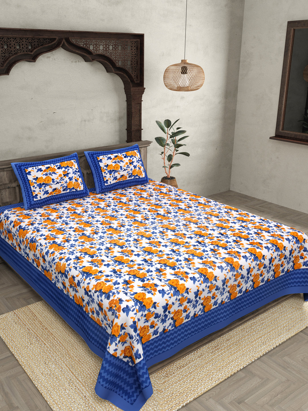 Blue Wavy Border and Floral Print Cotton Double Bed Sheet