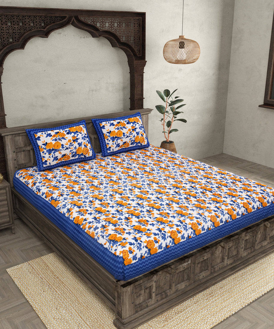 Blue Wavy Border and Floral Print Cotton Double Bed Sheet