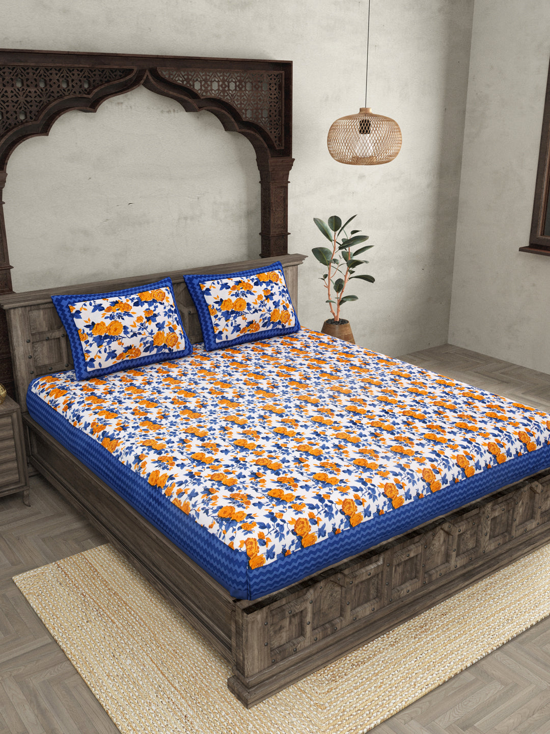 Blue Wavy Border and Floral Print Cotton Double Bed Sheet
