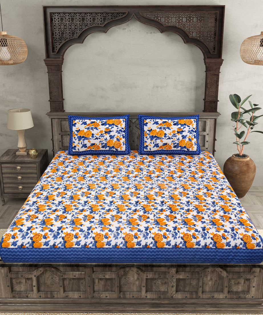 Blue Wavy Border and Floral Print Cotton Double Bed Sheet
