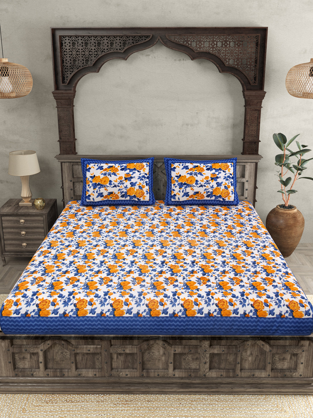 Blue Wavy Border and Floral Print Cotton Double Bed Sheet