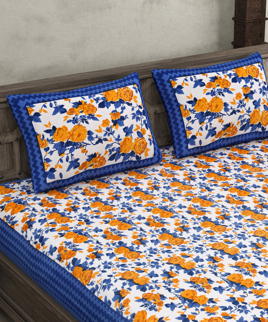 Blue Wavy Border and Floral Print Cotton Double Bed Sheet