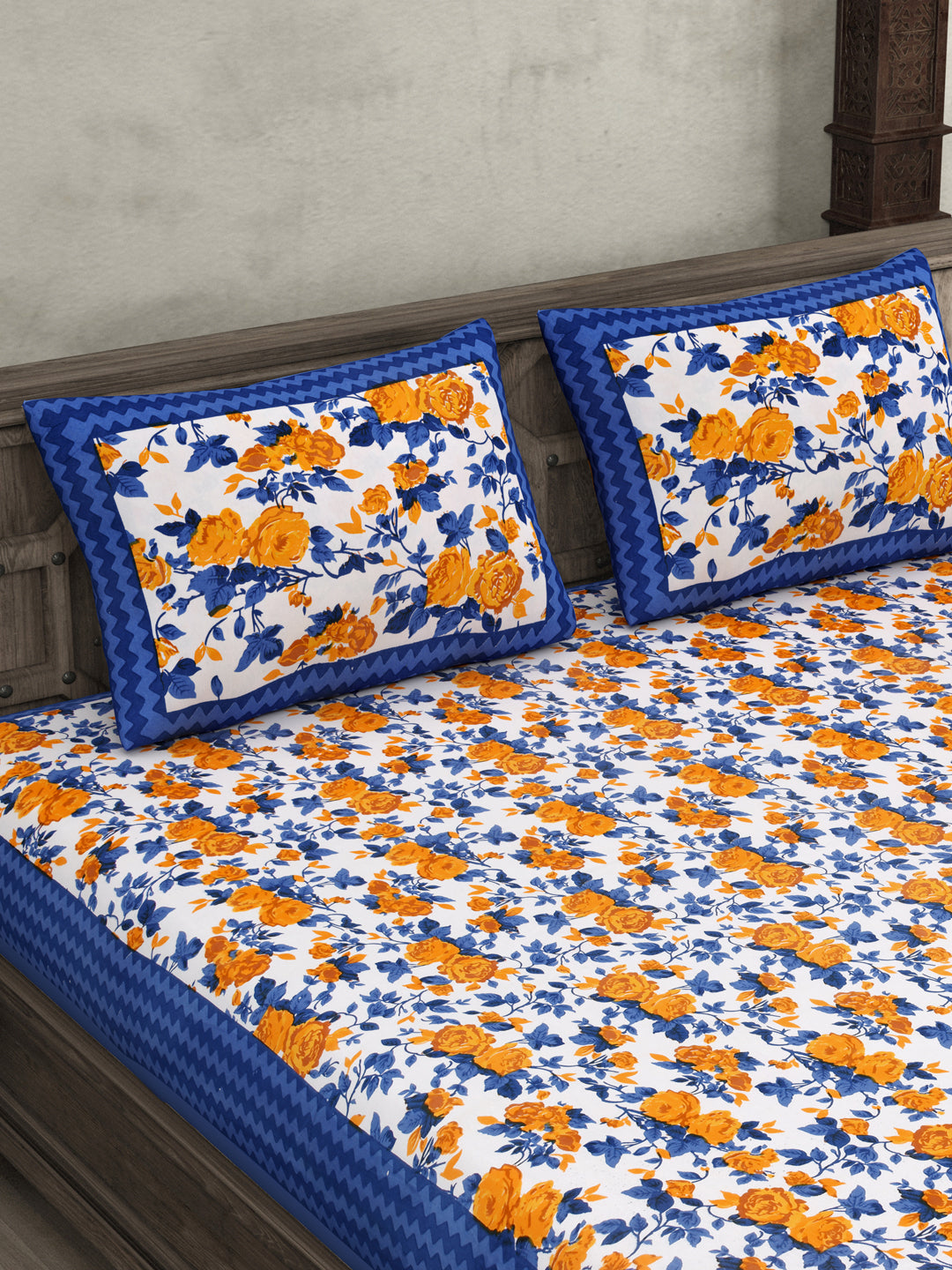 Blue Wavy Border and Floral Print Cotton Double Bed Sheet