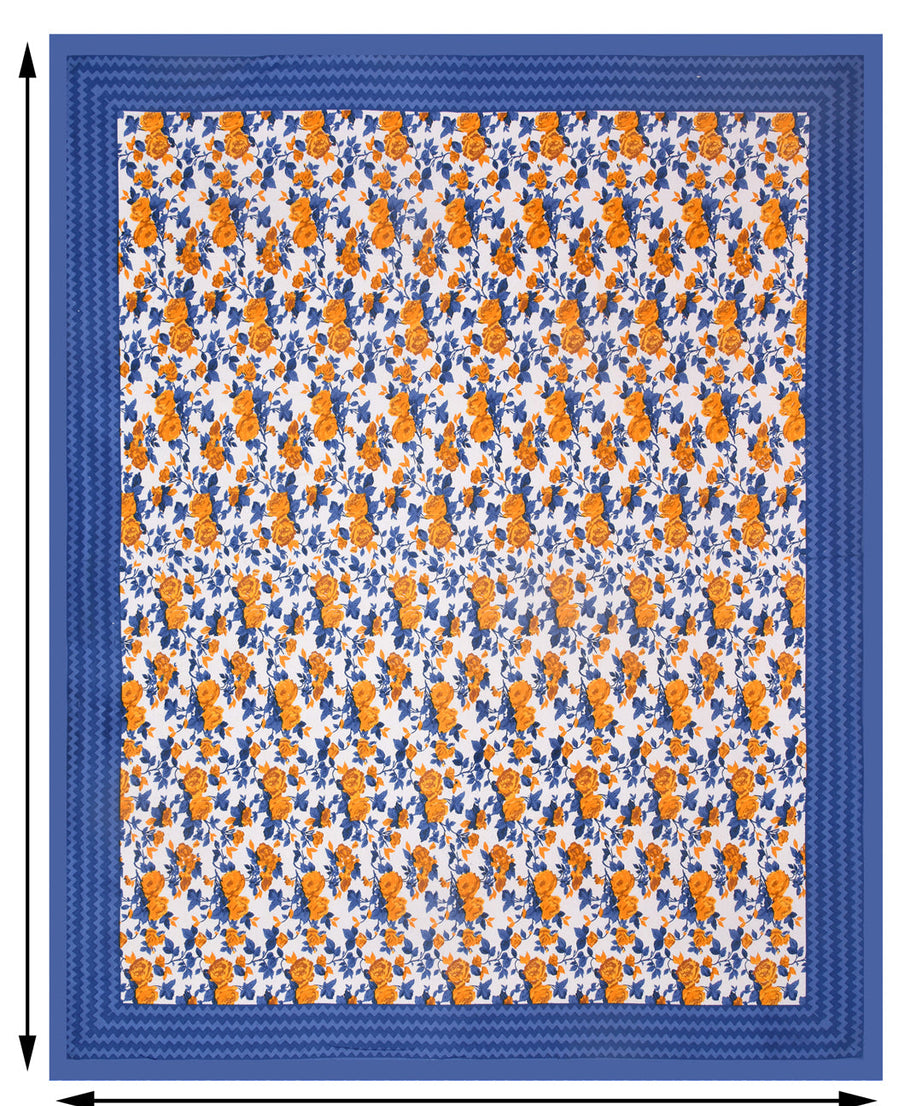 Blue Wavy Border and Floral Print Cotton Double Bed Sheet