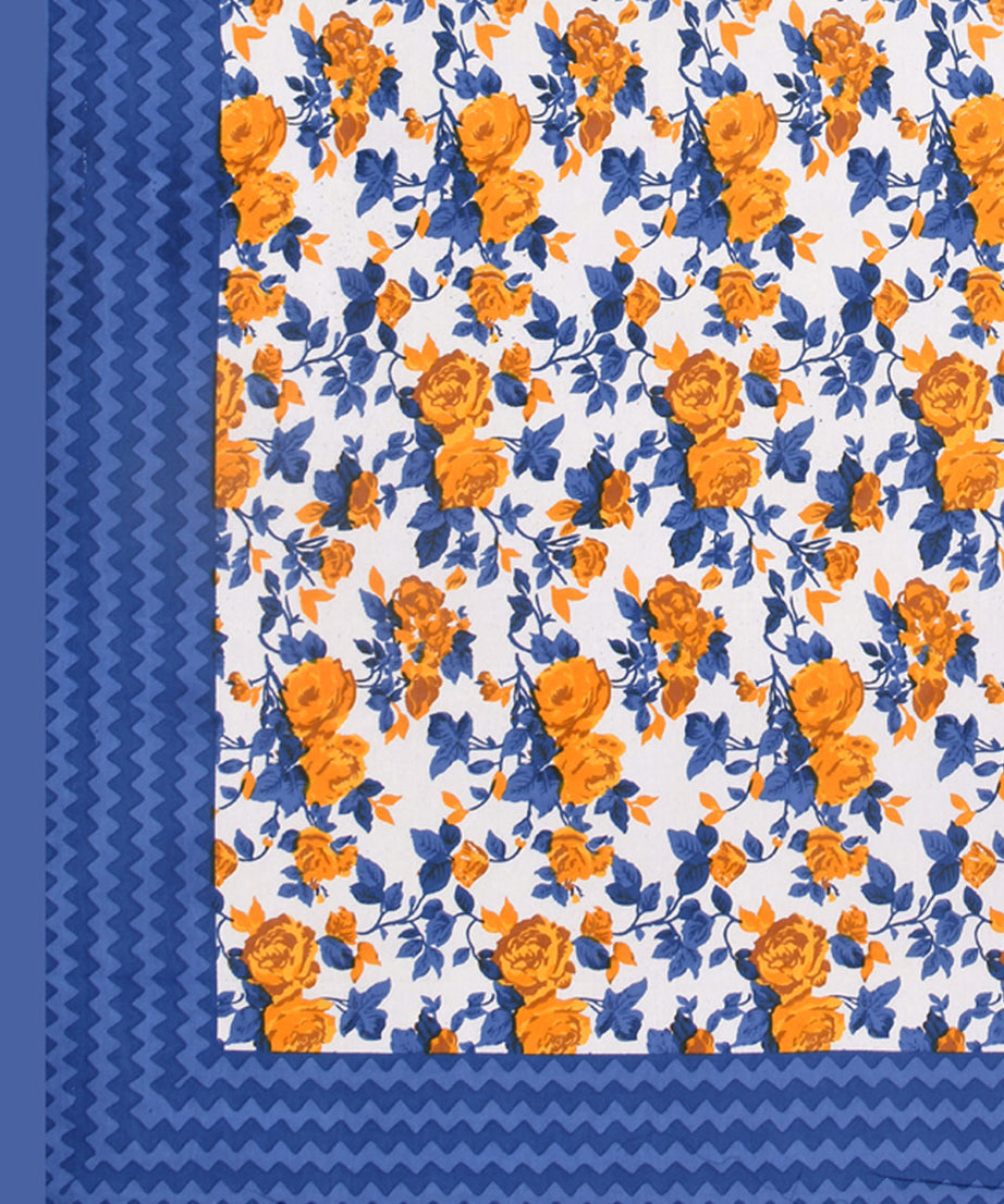 Blue Wavy Border and Floral Print Cotton Double Bed Sheet