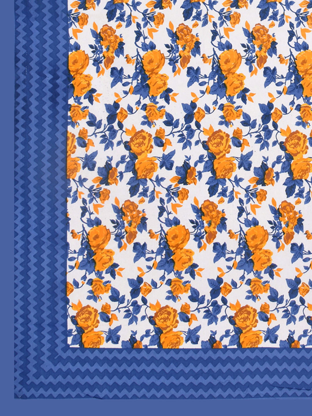 Blue Wavy Border and Floral Print Cotton Double Bed Sheet