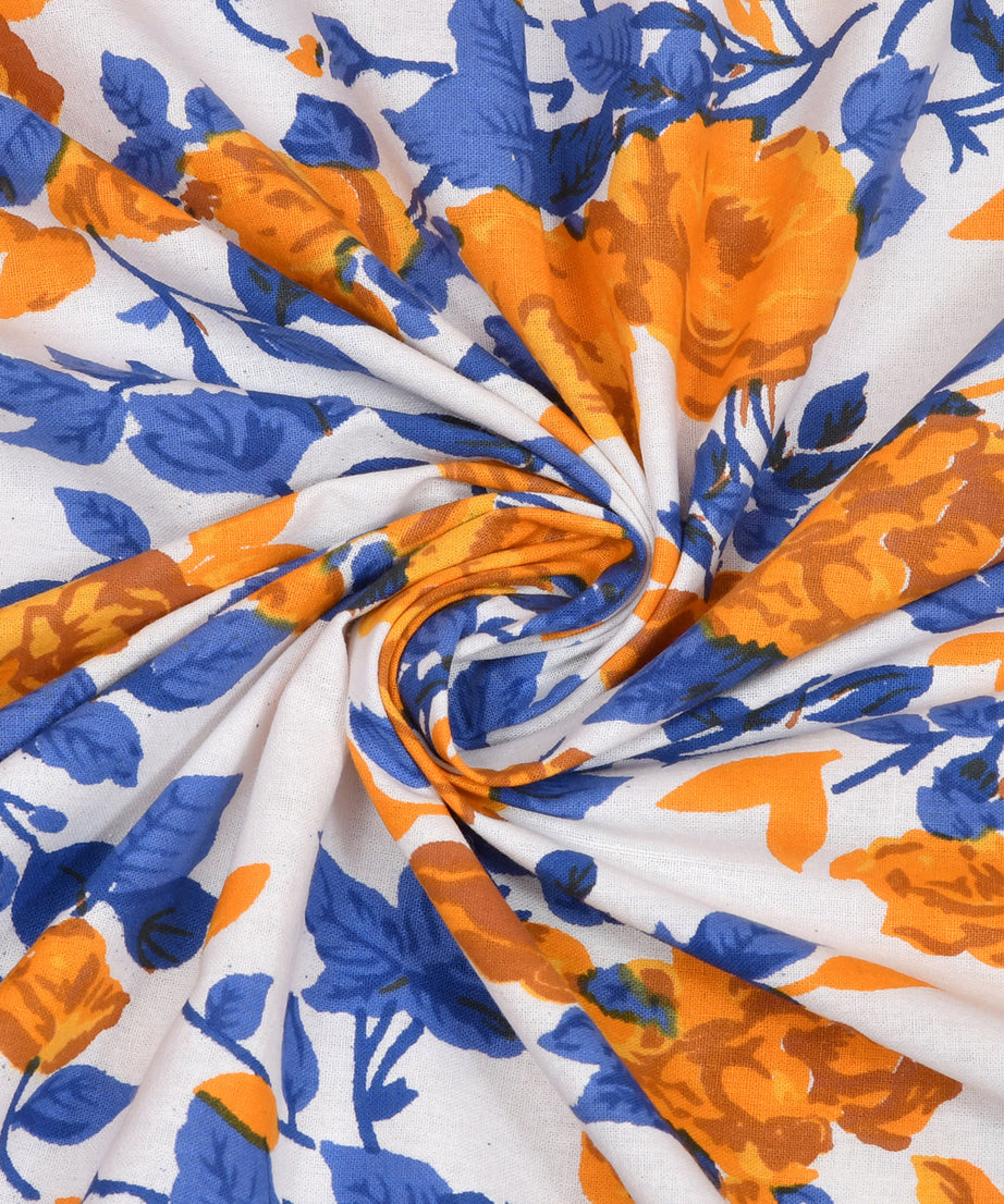 Blue Wavy Border and Floral Print Cotton Double Bed Sheet