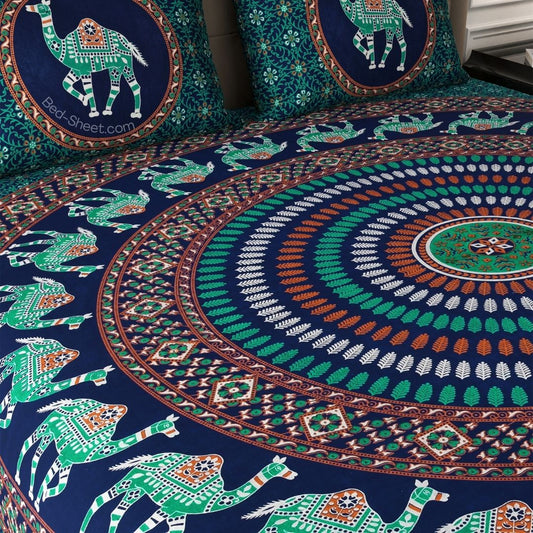 Green Camel Mandala Printed Cotton Double Bedsheet