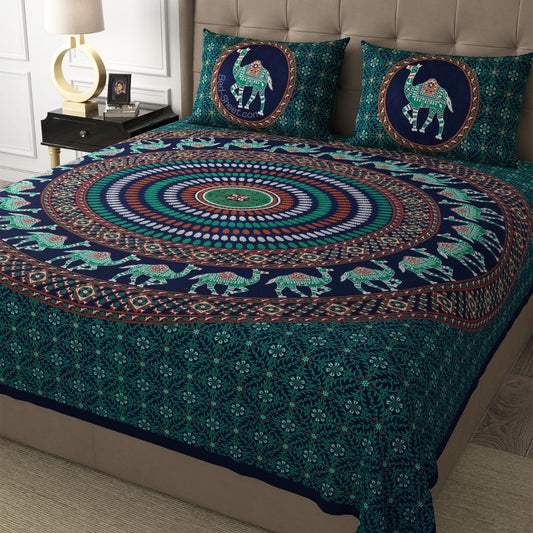 Green Camel Mandala Printed Cotton Double Bedsheet