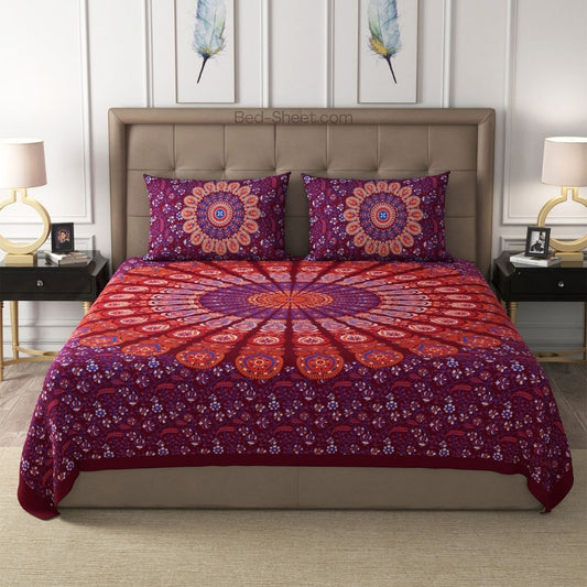 Maroon Peacock Feather Mandala Printed Cotton Bedsheet