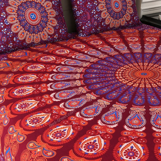 Maroon Peacock Feather Mandala Printed Cotton Bedsheet