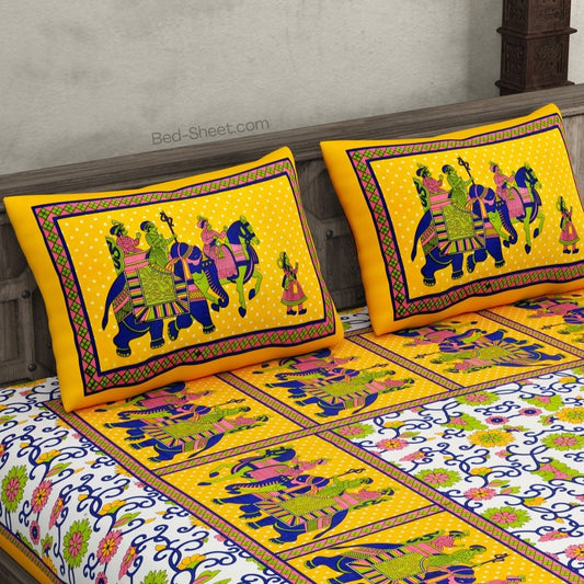 Yellow Border Cotton Double Bedsheet with Big Elephant Design