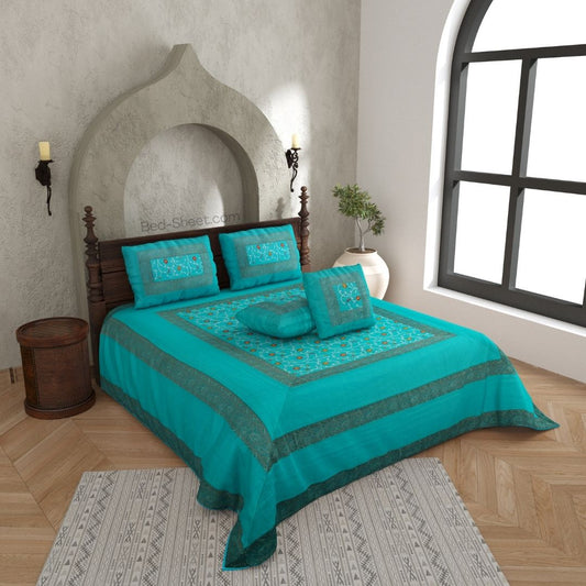 Firozi Base Silk Bedsheet with Embroidered Zari Border and Artistic Detailing