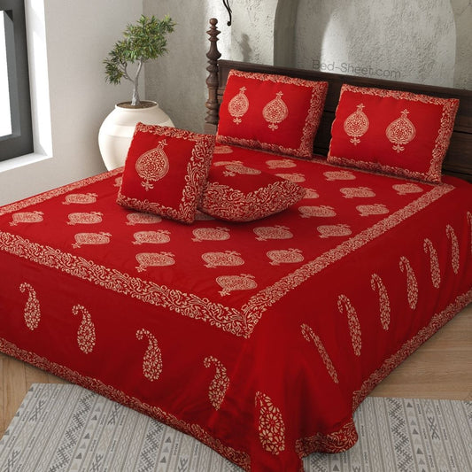 Maroon Base Khadi  Print Hand Block Work Silk Double  Bedsheet