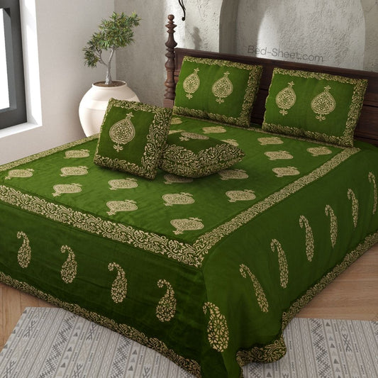 Mehendi Green Khadi Silk Double Bedsheet with Handcrafted Print