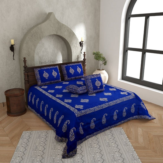 Blue Base Silk Bedsheet with Golden Khadi Hand Block Printed Design