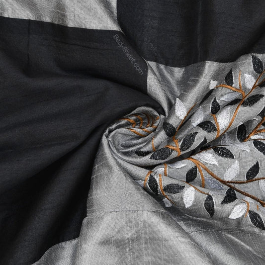 Gray Base Silk Bedsheet with Elegant Black Patchwork and Detailed Embroidery