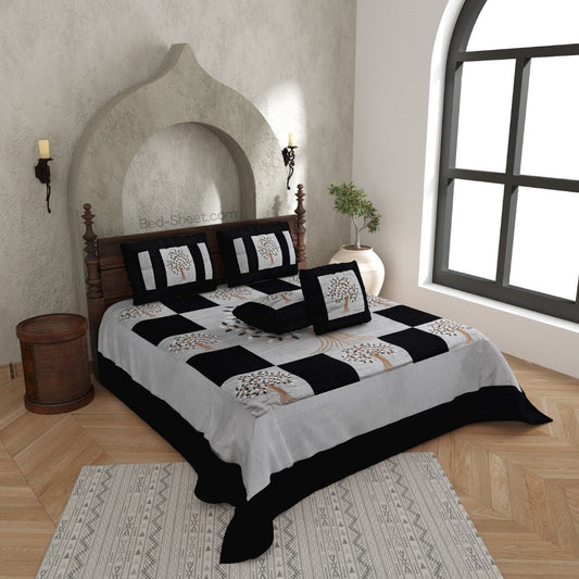 Gray Base Silk Bedsheet with Elegant Black Patchwork and Detailed Embroidery