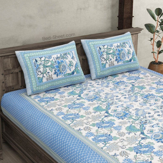 Blue Gala Floral Pattern Cotton Double Bedsheet