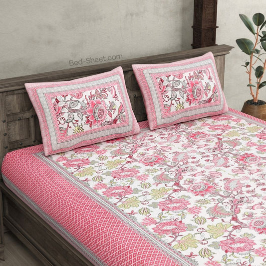 Pink Gala Flower Print Cotton Double Bedsheet